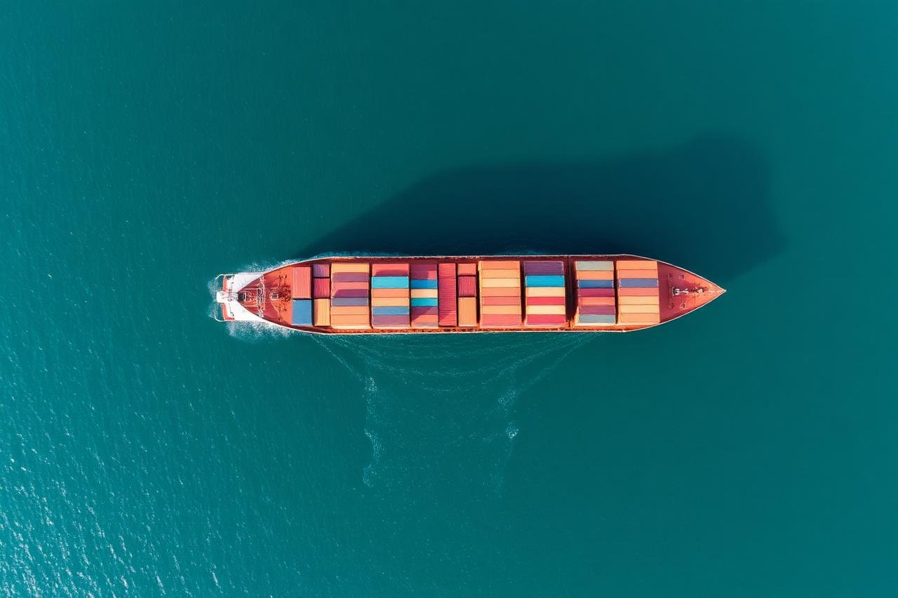 Aerial view of a container vessel underway