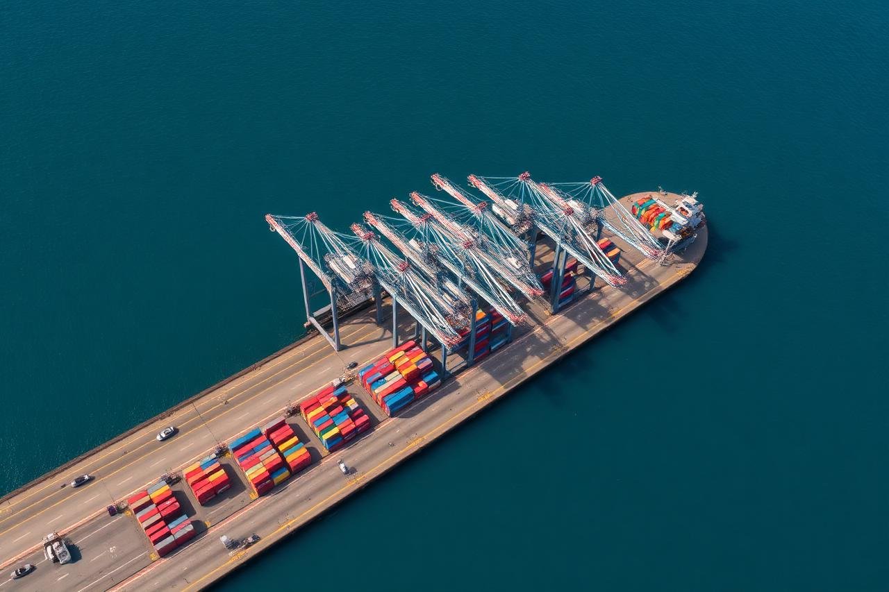 Container terminal with gantry cranes loading a vessel